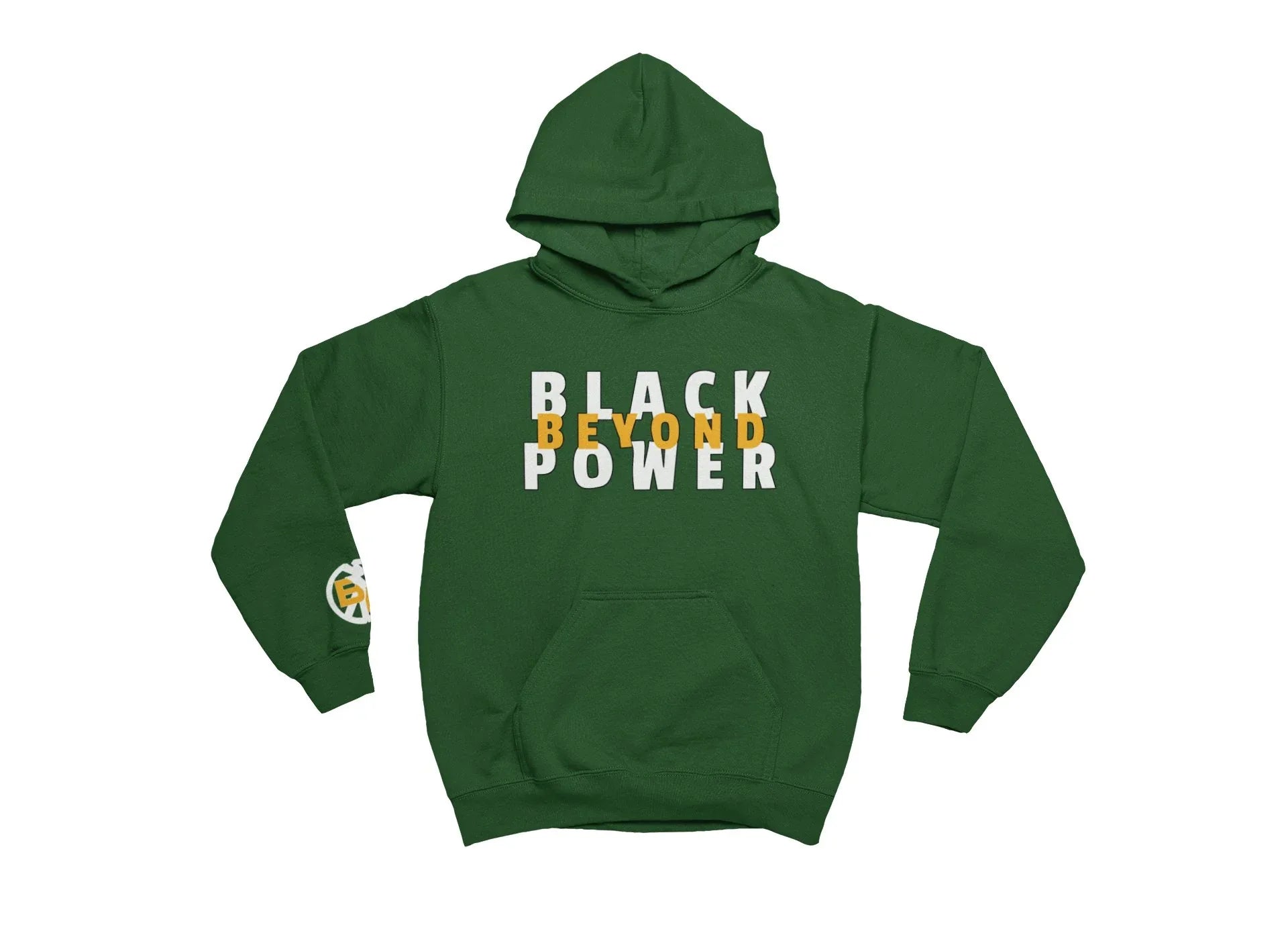 Green hoodie with 'Black Beyond Power' text on a white background